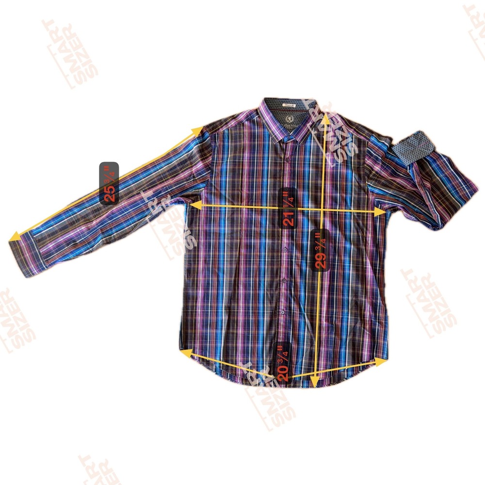 BUGATCHI UOMO Men's Plaid Long‎ Sleeve Button Down Shirt Shaped Fit Blue Purple - Picture 9 of 9